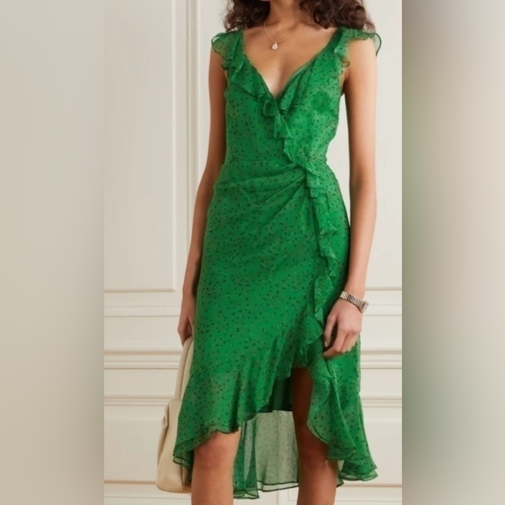 Veronica Beard Amal Ruffle Trim Green Silk Dress Size 0- Green Ruffle Midi Dress